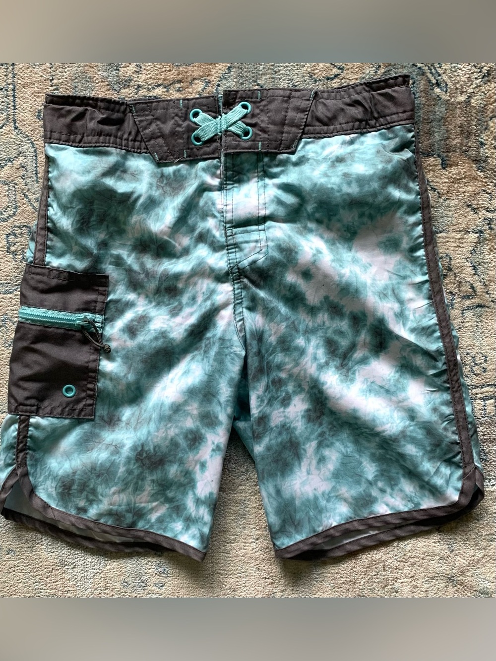art class.  Boys Teal Tie-Dye Swim Trunks/Board Shorts With Gray Trim  Size 8